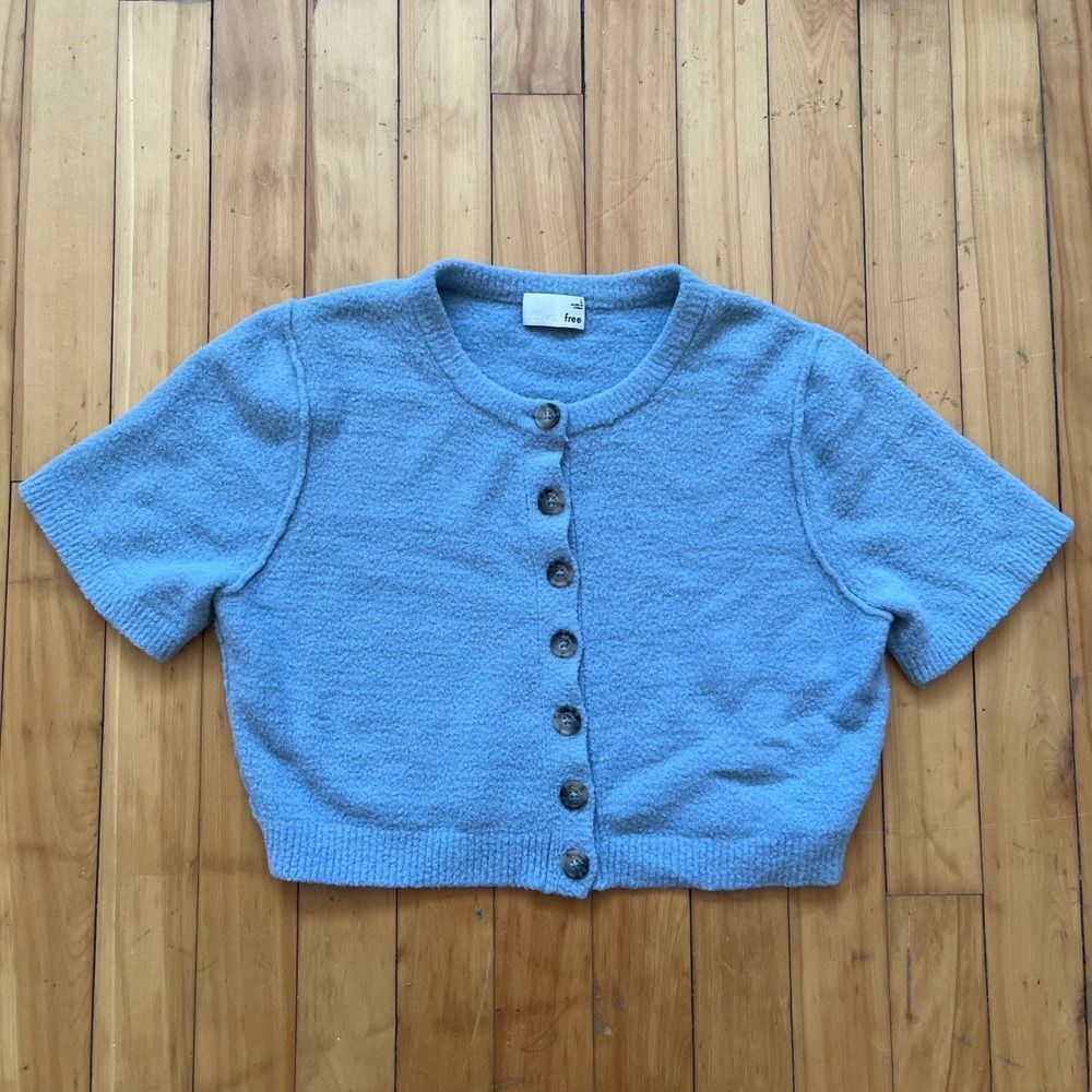 Wilfred Free Blue Short Sleeve Button Up Knit Cardigan Sweater Top Size L